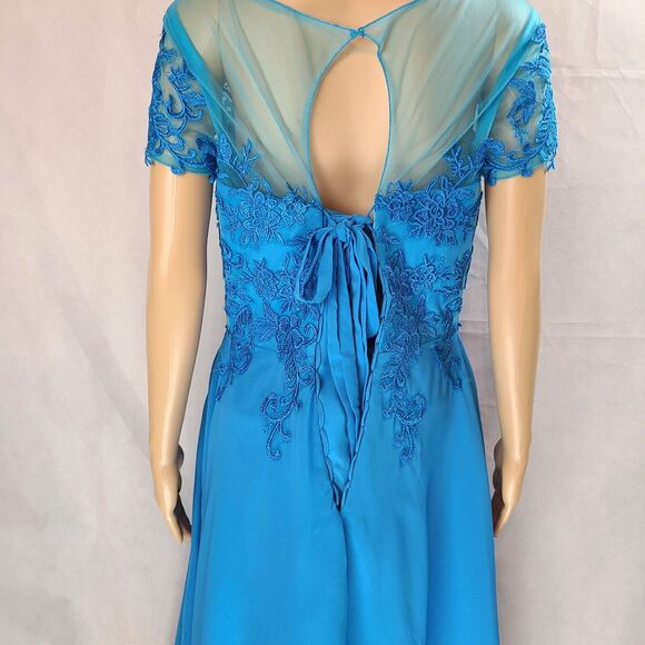New Mother of the Bride (12) Deep Sky Blue Chiffon Embroidery Hi-Low Midi Dress - Picture 6 of 10